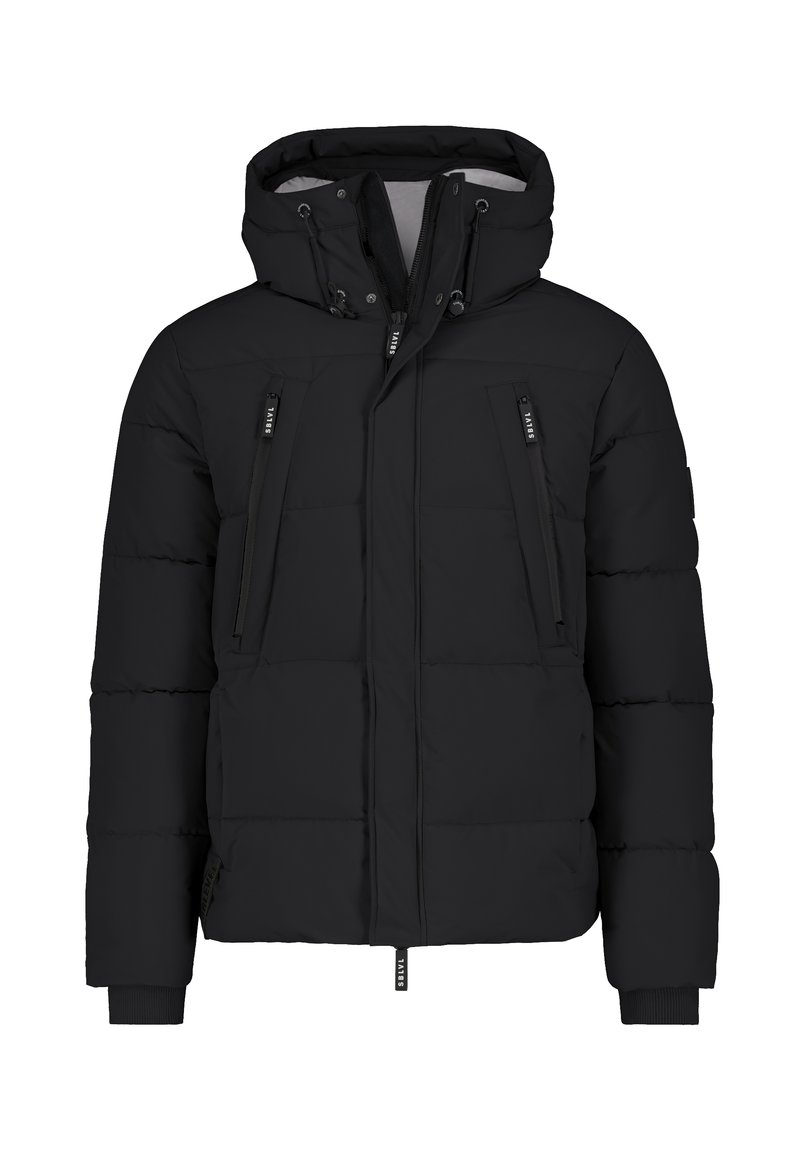 Schwarze gesteppte Jacke mit Kapuze, ausgestattet mit Reißverschlusstaschen, einem Frontreißverschluss und gerippten Bündchen. Glatte Stoffstruktur und praktisches Design.