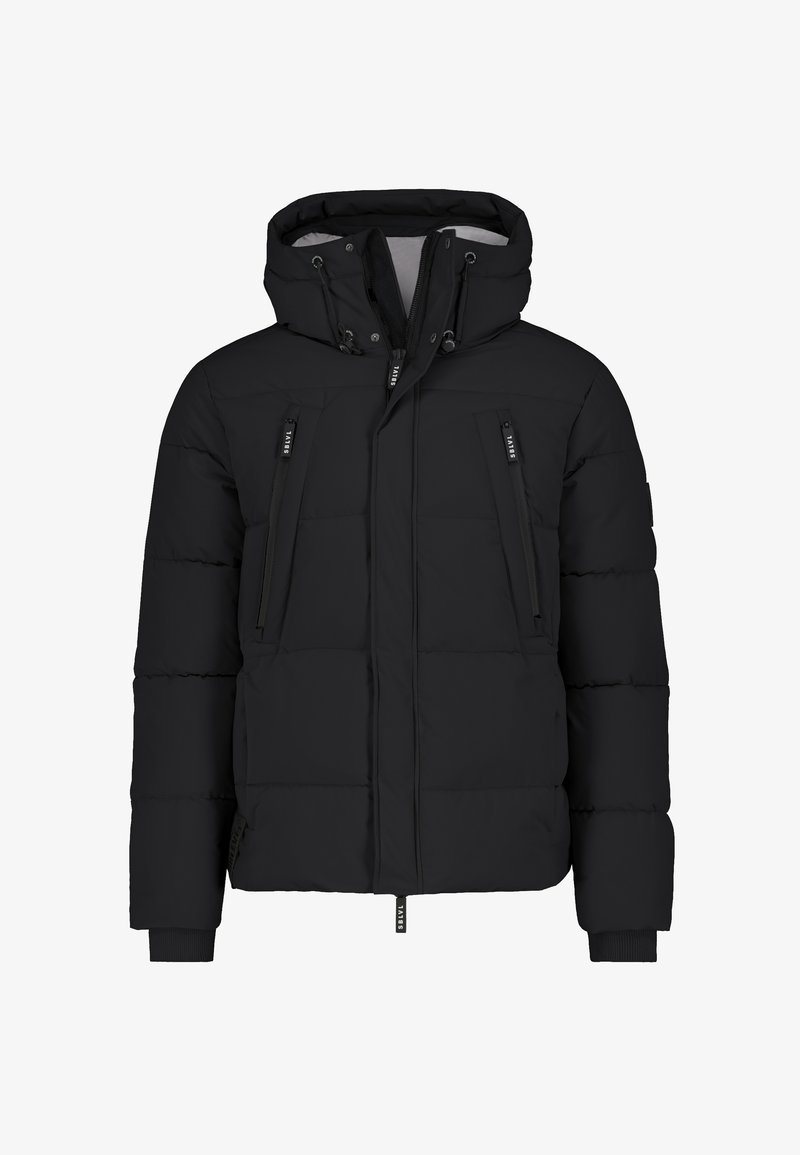 Black padded jacket with a hood, featuring zippered pockets, a front zipper closure, and ribbed cuffs. Smooth fabric texture and practical design.