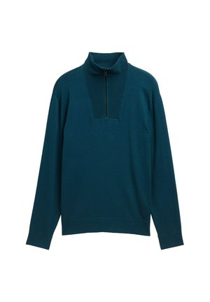 Tealstickad tröja med hög krage, halvdragkedja framtill och ribbat mönster. Långa ärmar och en avslappnad passform ökar komforten.
