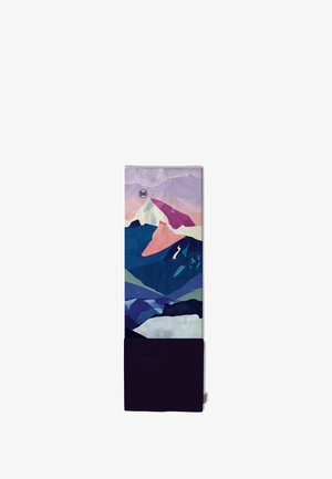 Braga de cuello Buff multicolor con diseño abstracto de montañas en tonos azul, púrpura y rosa, con una base sólida de color púrpura oscuro.
