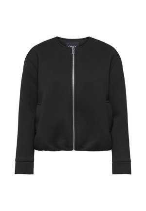 Svart, langermet jakke med glidelås, rund halslinning og sidelommer, med en sølvfarget glidelås foran.