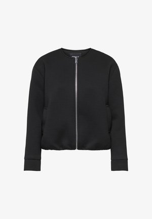 Mustast pikkade varrukatega lukuga jakk, ümar kaelus ja küljetaskud, millel on esipoolsel hõbedane lukk.