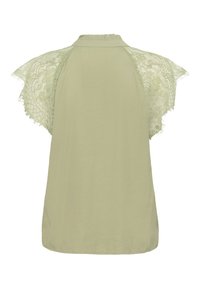 Top verde chiaro con maniche in pizzo e colletto arricciato. Tessuto morbido e design fluido con vestibilità ampia. Vista posteriore mostrata.