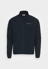 Tmavě modrá zipová bunda s vysokým límcem, která má raglanové rukávy a malé logo na levé hrudi. Hladký, lehký materiál.