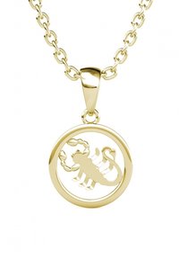 Gouden ketting met een ronde hanger met een uitsnede van een schorpioend ontwerp, gladde afwerking en schakelkettinkje.
