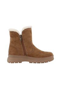 Brune ruskindsankelstøvler har en sidelukning med lynlås, faux fur-kant forneden, en solid gummisål og syet detaljering langs sømmene.