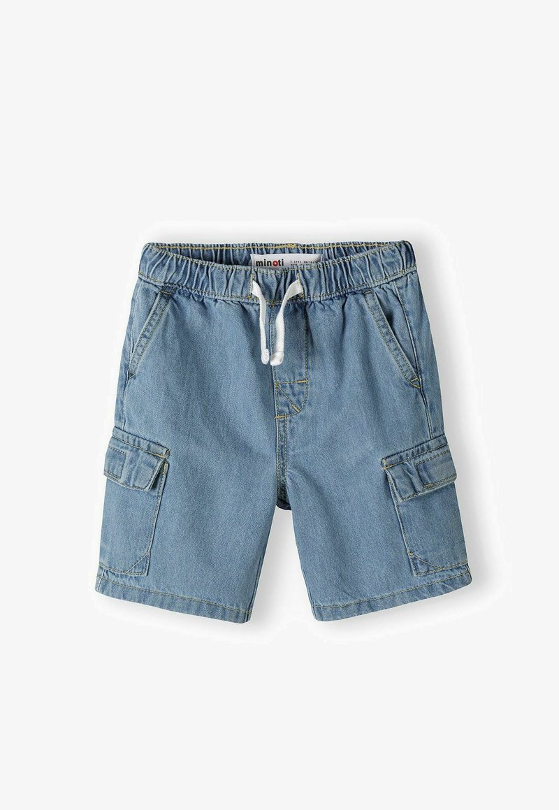 Šviesiai mėlyni džinsiniai šortai su elastinga juosta ir balta raišteliu. Turi dvi šonines kišenes ir vieną kargo kišenę.