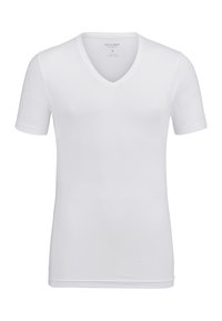 Witte korthals T-shirt met V-hals, gemaakt van lichtgewicht stof. Heeft een aansluitende pasvorm met een soepele textuur en schone randen.