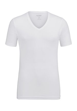 Maglietta bianca a maniche corte con scollatura a V realizzata in tessuto leggero. Presenta un design aderente con una texture liscia e bordi puliti.
