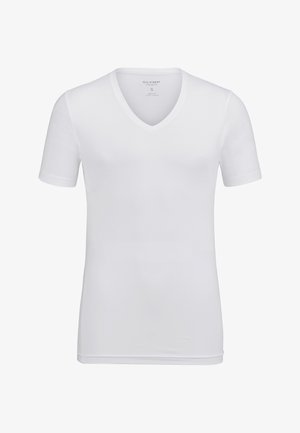 Witte korthals T-shirt met V-hals, gemaakt van lichtgewicht stof. Heeft een aansluitende pasvorm met een soepele textuur en schone randen.