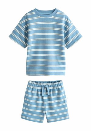 Blue and white horizontal striped short-sleeve shirt with matching elastic waist shorts featuring a drawstring.