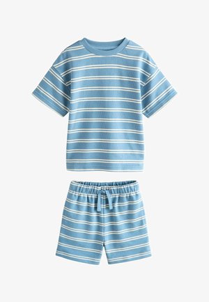 Blue and white horizontal striped short-sleeve shirt with matching elastic waist shorts featuring a drawstring.