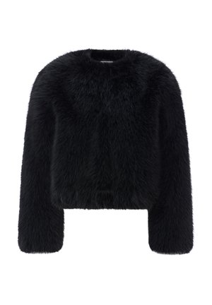 Melna mākslīgā kažokāda ar īsu dizainu, apaļu kakla izgriezumu un garām piedurknēm; tekstūra izskatās mīksta un pūkaina ar spīdīgu apdari.