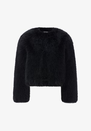 Black faux fur jacket with a cropped design, round neckline, and long sleeves; texture appears soft and plush with a glossy finish.
