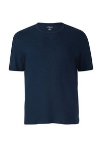 Navyblauwe T-shirt met korte mouwen van zachte katoen, voorzien van een ronde halslijn en subtiele textuur. Label met merklogo aan de binnenkant.
