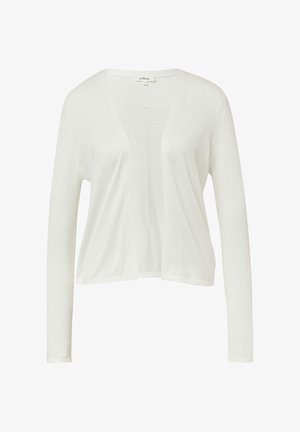 Lichte, lange mouwen cardigan in off-white. Kenmerken zijn een diepe V-hals en een open voorkant ontwerp met verticale stiknaad accenten. Zachte textuur.