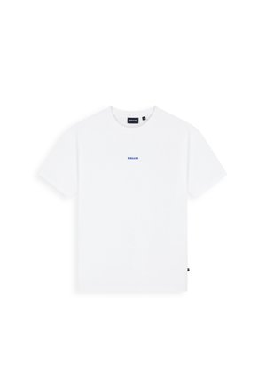 Witte T-shirt met korte mouwen en ronde hals, met een klein blauw "BALLIN" logo in het midden van de borst en een zwart merkje aan de zijkant.