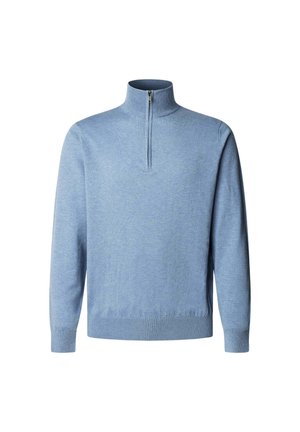 Hellblauer Pullover mit Reißverschluss am Hals aus einem weichen Stoff. Hat lange Ärmel, gerippte Bündchen und einen taillierten Saum für einen eleganten Look.
