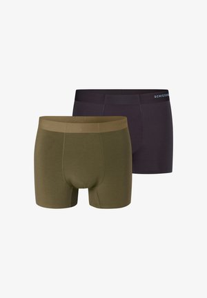 To par herre boxershorts, den ene olivengrøn foran og den anden sort bagved, begge med mærkenavnet på linningen.