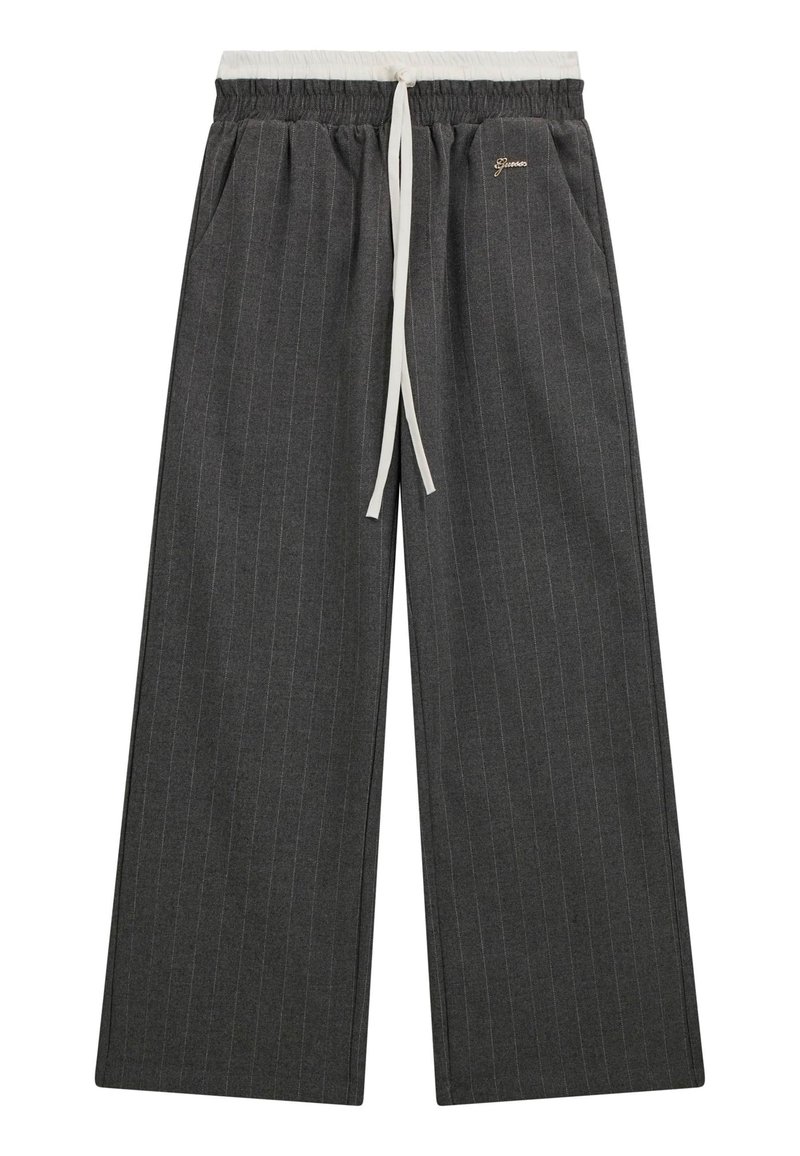 Pantaloni a gamba larga in tessuto grigio scuro a righe, con vita elastica e cordoncino crema, e tasche laterali. Dettaglio del logo dorato.