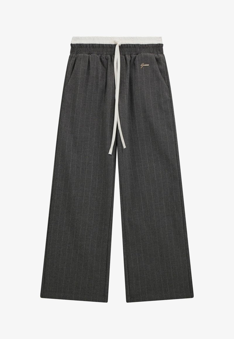 Pantaloni a gamba larga in tessuto grigio scuro a righe, con vita elastica e cordoncino crema, e tasche laterali. Dettaglio del logo dorato.