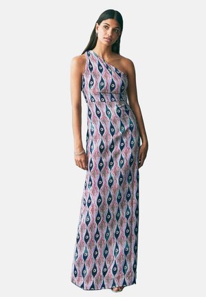 One-shoulder maxi dress in patterned fabric featuring wavy pink, navy, and green designs. Lightweight material with a flowing silhouette.