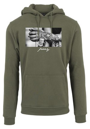 Felpa verde oliva in cotone, con una grafica frontale che rappresenta una mano tatuata che tiene delle catene. Tasca frontale a marsupio e cappuccio con lacci.