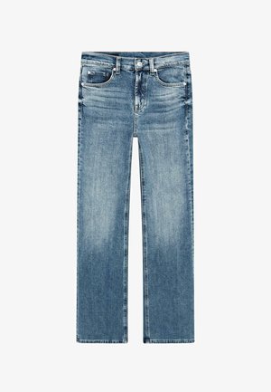 Jeans blu in denim a gamba dritta con bottone frontale, cerniera, passanti per cintura e design con cinque tasche, distesi su uno sfondo bianco.