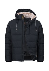 Schwarze gepolsterte Winterjacke mit Kapuze, gefüttert mit hellbraunem Kunstfell, mit teilweise geöffnetem Frontreißverschluss und Zugkordeln an der Kapuze.