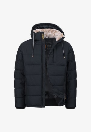 Svart vadderad vinterjacka med huva fodrad med ljusbrun faux fur, frontdragkedja delvis öppen och dragsnören på huvan.