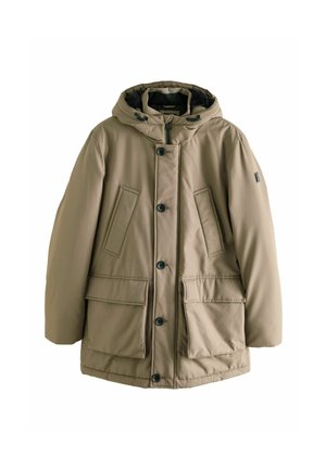 Beige parka jacket with a hood, featuring large flap pockets, button closure, and a textured lining. Made from a water-resistant material.