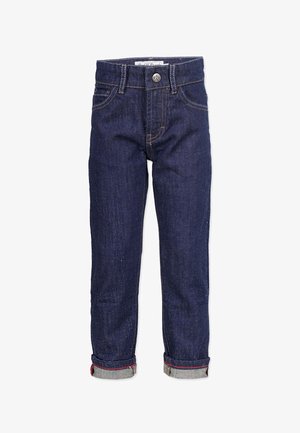 Mørkeblå denim jeans med opsmøg, kobber sting og sølvfarvet knaplukning. Fem-lomme design med klassisk pasform.