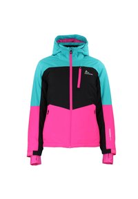 Chaqueta con bloques de color que presenta paneles en turquesa, negro y rosa vibrante. Incluye capucha, bolsillos con cremallera y puños ajustables.