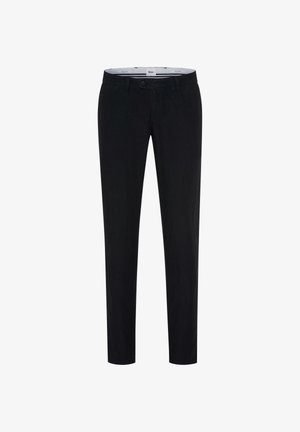 Schwarze, gerade geschnittene Hose mit Knopfverschluss, Gürtelschlaufen und Vordertaschen, vor weißem Hintergrund dargestellt.