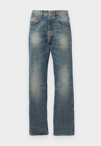 Blue denim jeans with a straight-leg cut, featuring faded areas, standard five-pocket design, and visible stitching along seams.