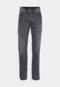 Vaqueros de denim gris con corte recto, que cuentan con cinco bolsillos, cierre de botón y un ligero desvanecimiento. El material es suave con una textura lisa.