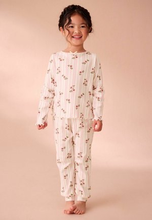 Langärmlige, leichte Baumwoll-Pyjamas in rosa-weißen Streifen mit kleinen Blumenmustern, mit Rüsche an den Bündchen und dem Saum.