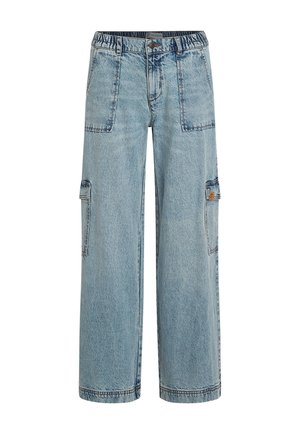 Pantalons cargo en denim bleu clair avec une taille élastique, deux poches avant et des poches latérales. Coupe ample avec un design à jambe droite.