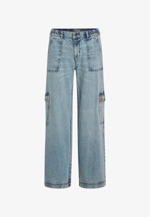 Hellblaue Denim-Cargo-Hosen mit einem elastischen Bund, zwei Vordertaschen und Seitentaschen. Lockere Passform mit geradem Bein-Design.