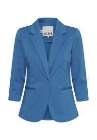 Modrý blazer se strukturovaným designem, s klopovým límcem, jedním knoflíkovým zapínáním a dvěma předními kapsami. Hladká textura po celém povrchu.
