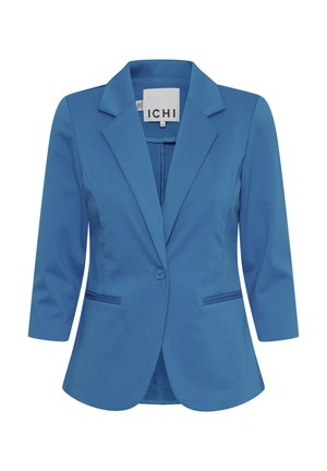 Modrý blazer se strukturovaným designem, s klopovým límcem, jedním knoflíkovým zapínáním a dvěma předními kapsami. Hladká textura po celém povrchu.