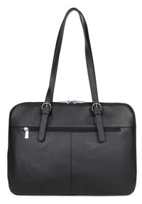 Zwarte leren tote bag met twee lange handvatten, ritsluiting, voorkant vak, een gladde textuur en een minimalistisch ontwerp.
