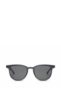 Lunettes de soleil surdimensionnées avec une monture en plastique gris foncé mat et des verres sombres. Elles présentent une forme arrondie en œil de chat et des branches fines.