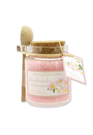 BADESALZ WILDROSE MIT  SCHAFMILCH GLAS MIT HOLZLÖFFEL  - Schaumbad & Badezusätze - beige