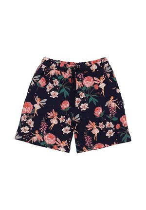 Navy blue shorts with pink floral and fairy print, elastic waistband, and black drawstring, featuring side pockets.