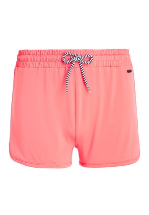 Costumi da bagno rosa realizzati in materiale leggero, dotati di una cintura elastica con un laccio nero e bianco. Design semplice e monocromatico.