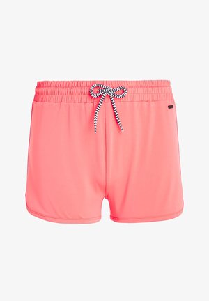 Costumi da bagno rosa realizzati in materiale leggero, dotati di una cintura elastica con un laccio nero e bianco. Design semplice e monocromatico.