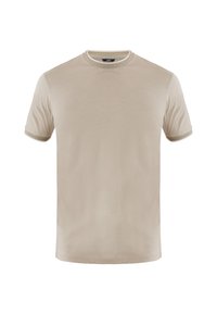 T-shirt beige a maniche corte realizzato in un tessuto morbido. Presenta un collo tondo con bordatura a contrasto e un orlo dritto. Texture liscia.