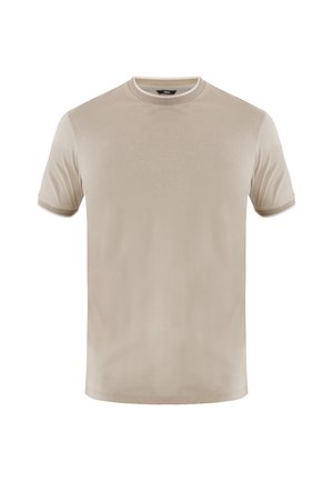 Beige Kurzarm-T-Shirt aus weichem Stoff. Mit einem runden Ausschnitt mit kontrastierendem Besatz und einem geraden Saum. Glatte Textur.