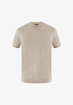 Beige Kurzarm-T-Shirt aus weichem Stoff. Mit einem runden Ausschnitt mit kontrastierendem Besatz und einem geraden Saum. Glatte Textur.